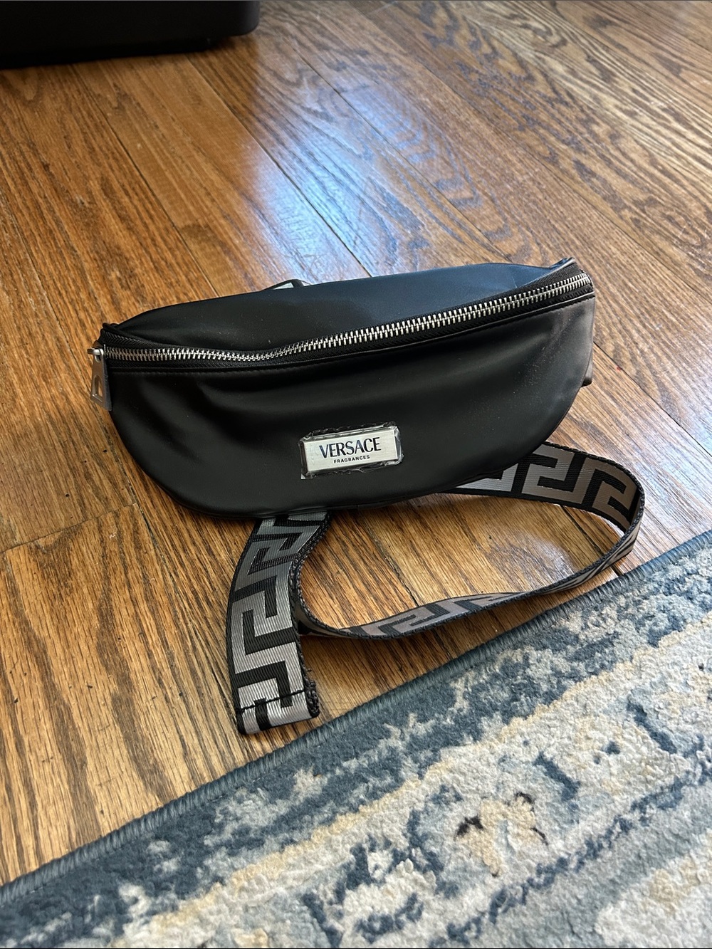 Versace Black Belt Bag with Geometric Gray Strap. New
